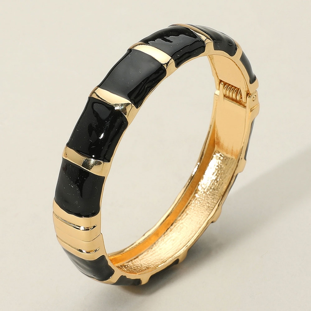 Black Gold Bamboo Style Striped Bangle Bracelet Jewelry Enamel Hinged